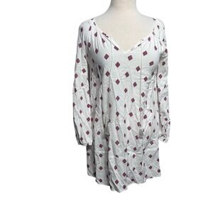 Express Boho Diamond Print Tassel Tie Shift Mini‎ Dress White Red Blue Small